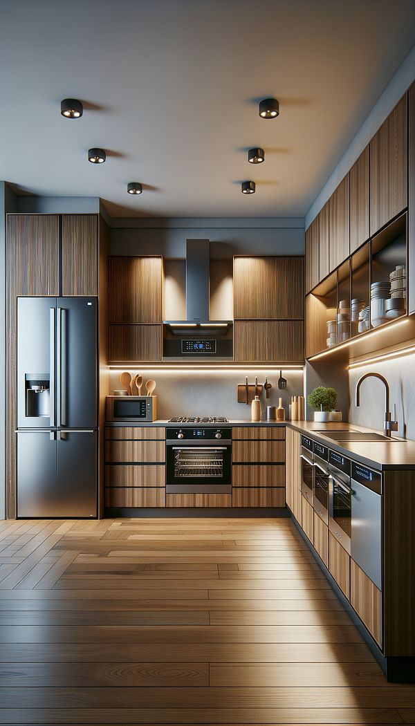 A modern kitchen with sleek, integrated appliances that match the cabinetry, providing a seamless and functional space.