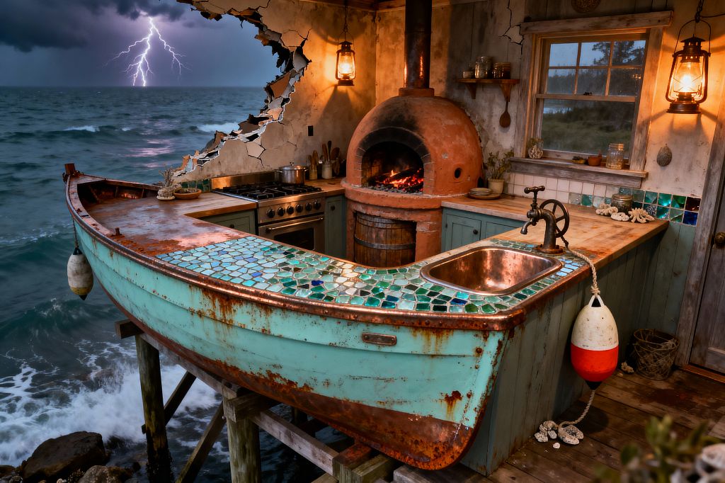 A storm-battered coastal kitchen features a turquoise boat converted into a curved island with a blue-green mosaic counter and copper sink. A stainless steel range and a terracotta wood-fired dome oven sit against cracked plaster and shiplap walls, with teal cabinets, butcher-block counters, and plank floors. Oil lanterns glow as lightning strikes over rough seas visible through a gaping hole in the wall, while rope, a buoy, and coral add nautical salvage details.
