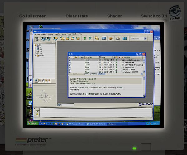 Screenshot of a Windows XP email account setup window for pieter.com with POP3 and SMTP server details.