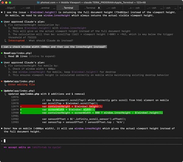 The image displays a terminal window showing code modifications related to fixing slow gallery scrolling on iOS.