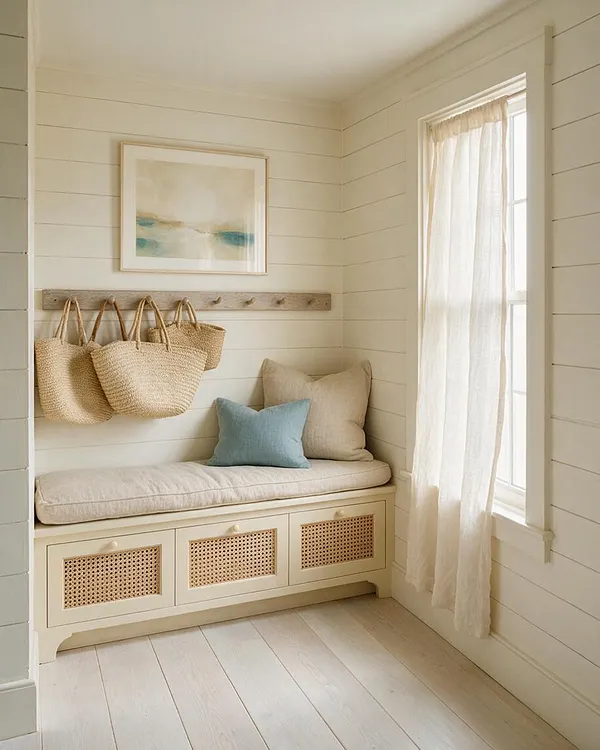 A bright coastal-style entryway with white shiplap walls, a built-in bench with cane-front storage drawers, and a cushioned seat with neutral and blue pillows. Straw tote bags hang from a rustic wood peg rail beneath a soft abstract seascape, while a sheer curtain filters sunlight beside a tall window.