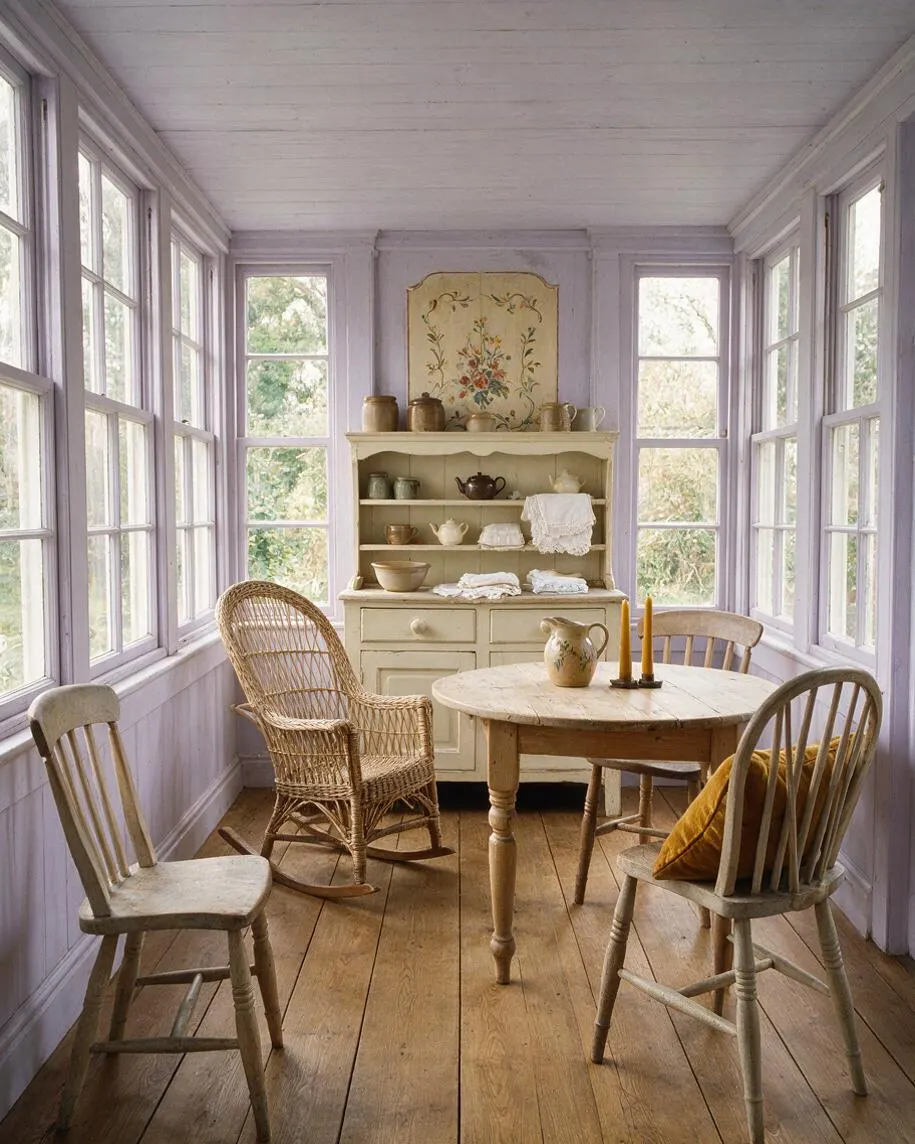 A narrow front porch styled as a cozy cottagecore dining nook, with lavender-painted walls, many tall windows, a round wooden table, mismatched wooden chairs, and a wicker rocking chair. A cream hutch with floral decor and pottery sits at the far end, while soft natural light warms the wood floor.