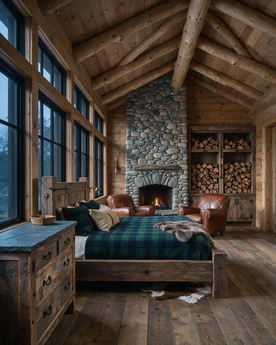 A rustic master bedroom with a wooden bed dressed in dark green plaid bedding, leather armchairs near a central stone fireplace, and floor-to-ceiling windows on the left. The room features exposed log beams, wide plank wood floors, built-in wood storage, and warm natural textures throughout.