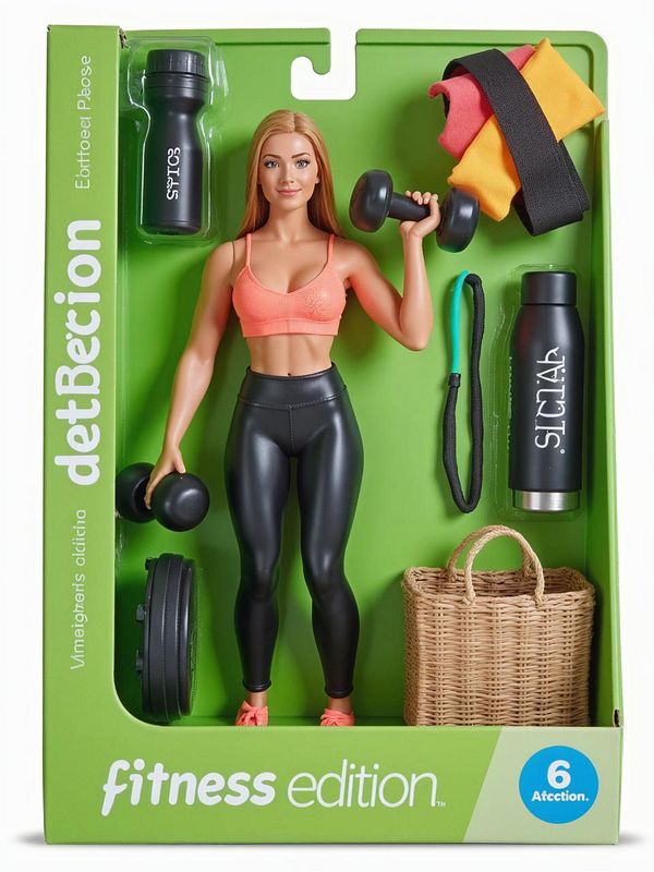 A fitness-themed action figure pack featuring a female doll with various accessories.