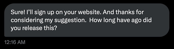A text message expressing willingness to sign up for a website and inquiring about its release date.