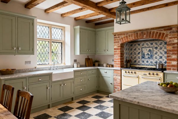 A traditional kitchen with sage green Shaker cabinets and marble countertops surrounds a ceramic farmhouse sink beneath a leaded-glass window. Exposed wood ceiling beams, a metal lantern pendant, and a brick arched range niche with a cream cooker and blue-and-white Delft tile backsplash define the room, while a black-and-ivory checkerboard floor and a small marble-topped island with a bowl of fruit complete the warm, country-house atmosphere.