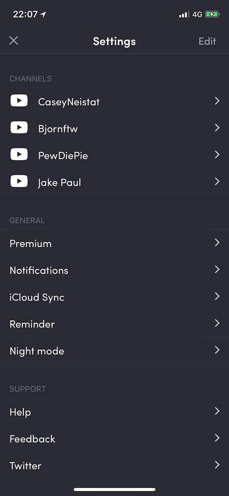 A mobile app settings screen featuring channel and general settings options.