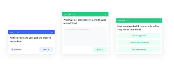 The image shows three card-like UI elements for a task and survey questions.