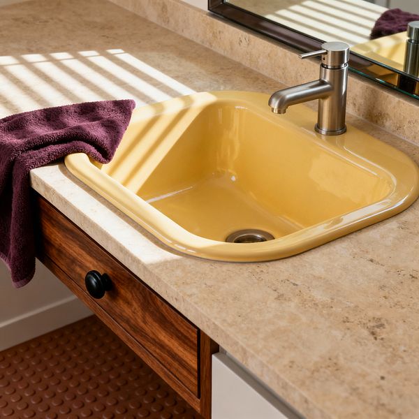 Close-up of a mid-century modern bathroom vanity featuring a mustard-yellow, rounded drop-in porcelain sink set in a beige travertine countertop, paired with a brushed nickel single-lever faucet and a slim black-framed mirror. A walnut drawer with a matte black knob sits below, a deep plum towel rests on the surface, sunlight from window blinds casts striped shadows across the counter, and a terracotta coin-textured floor is visible at the edge.