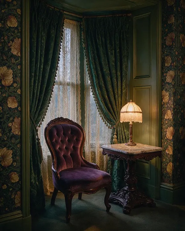 A moody Victorian-style corner features a deep purple tufted velvet armchair beside a small carved pedestal table with a marble top and a fringed table lamp. Dark green walls, heavy green drapes, and floral wallpaper frame a lace-curtained window, creating a rich, intimate atmosphere.