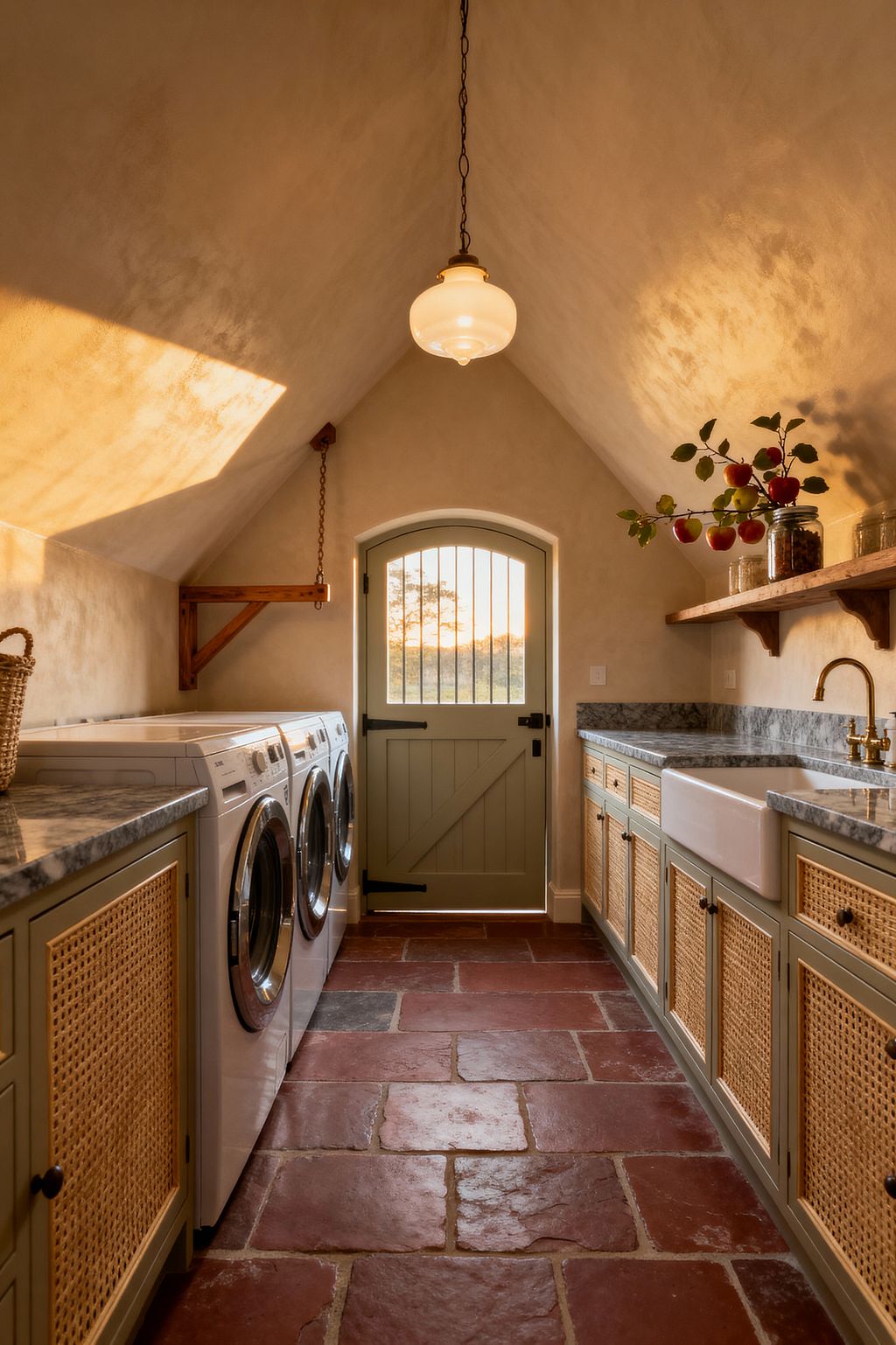 A narrow laundry room with a pitched plaster ceiling shows sage green cabinets with woven cane fronts and gray marble countertops; on the right sits a white farmhouse sink with a brass faucet beneath an open wood shelf, and on the left a front-load washer and dryer. Terracotta flagstone floors lead to an arched sage door with vertical bars, while a milk-glass pendant and late-day sunlight warm the beige walls and highlight a small hanging rail and woven basket.