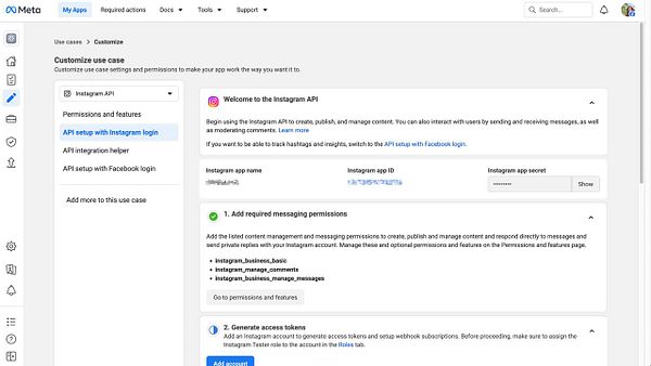 Screenshot of Meta for Developers site showing Instagram Graph API and a prompt to log in for an access token.