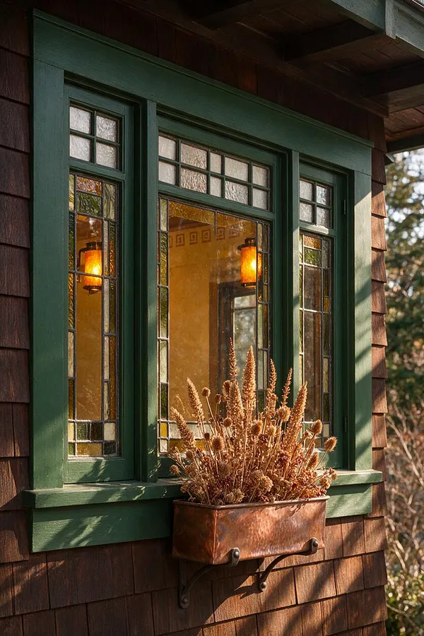 A Craftsman-style exterior window with dark green trim, divided-light glass panels, and warm amber interior light glowing behind textured glass. A small copper planter filled with dried grasses is mounted below the window on cedar shingle siding.