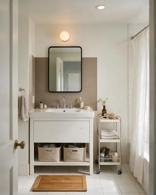 A modern master bathroom with a white vanity, integrated sink, and black-framed mirror centered on a taupe accent wall. White tile flooring, a sheer shower curtain, a rolling storage cart, woven baskets, and a wooden bath mat add warmth and practical storage.