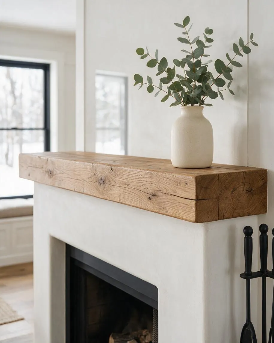 A farmhouse-style fireplace with a thick reclaimed wood mantel spanning a smooth white plaster surround. A simple cream vase holding green eucalyptus branches sits on top, with black fireplace tools visible at the side and soft daylight coming through nearby windows.