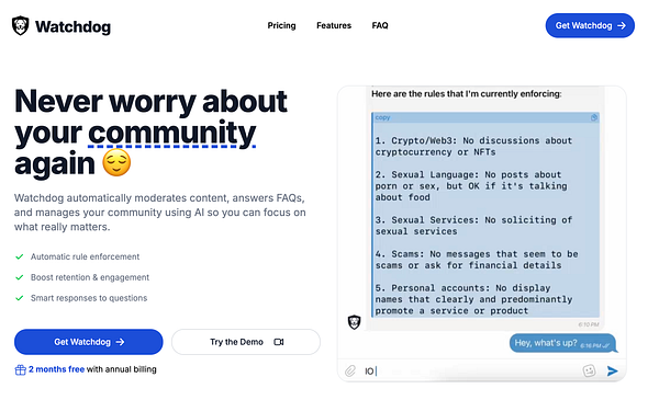 The image features a promotional webpage for Watchdog, highlighting its community moderation features alongside a chat interface displaying enforced rules.