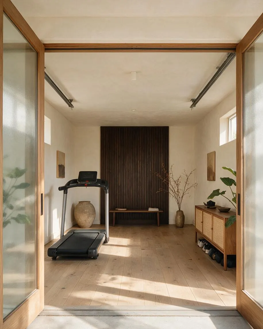 A minimalist home gym with a treadmill centered on light oak flooring, cream walls, and a dark slatted accent wall at the far end. Frosted glass doors open to the room, which also includes a woven-front storage cabinet, a bench, and simple decor with plants and pottery.