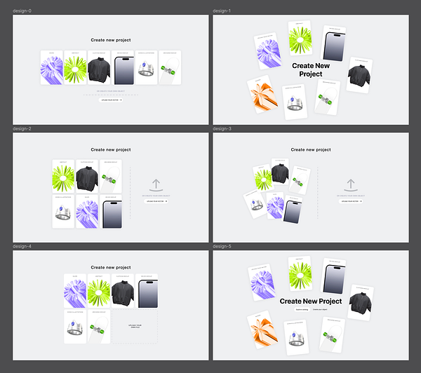 The image displays a series of design mockups for a 'Create New Project' page, showcasing various layouts and elements.