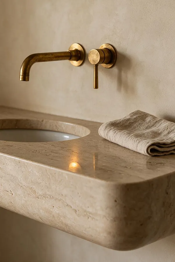 A close-up of an Organic Modern bathroom detail featuring a floating travertine sink with a rounded basin and smooth slab front. A wall-mounted brushed brass faucet and lever sit above a folded beige hand towel on the counter.