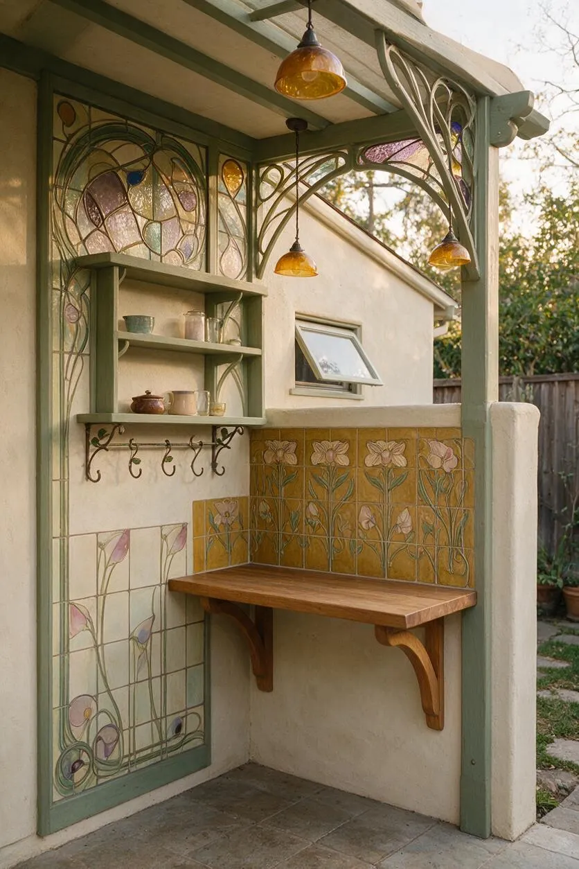 A small backyard alcove styled in Art Nouveau design, featuring mint-green painted wood trim, stained glass panels with flowing floral motifs, and amber pendant lights. A simple wooden counter sits beneath decorative hand-painted tiles, with a small shelf for cups and jars adding a handcrafted, garden-inspired feel.