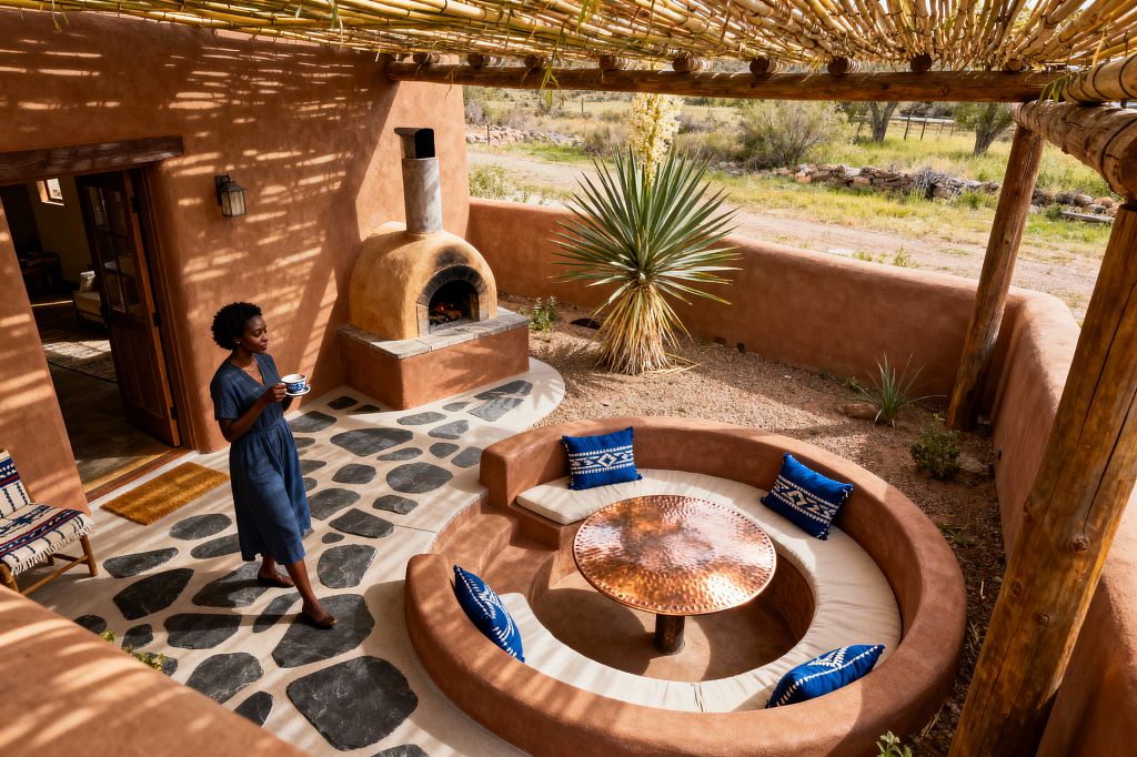 A Southwestern patio with terracotta adobe walls features a beehive-style kiva oven on a stone hearth, a circular sunken seating area with sand-colored cushions, and a hammered copper round table. A pergola of peeled log beams and bamboo slats casts striped shade over a flagstone-in-concrete floor, while a yucca plant borders the space and a person holding a mug walks near a rustic wood door and lantern.