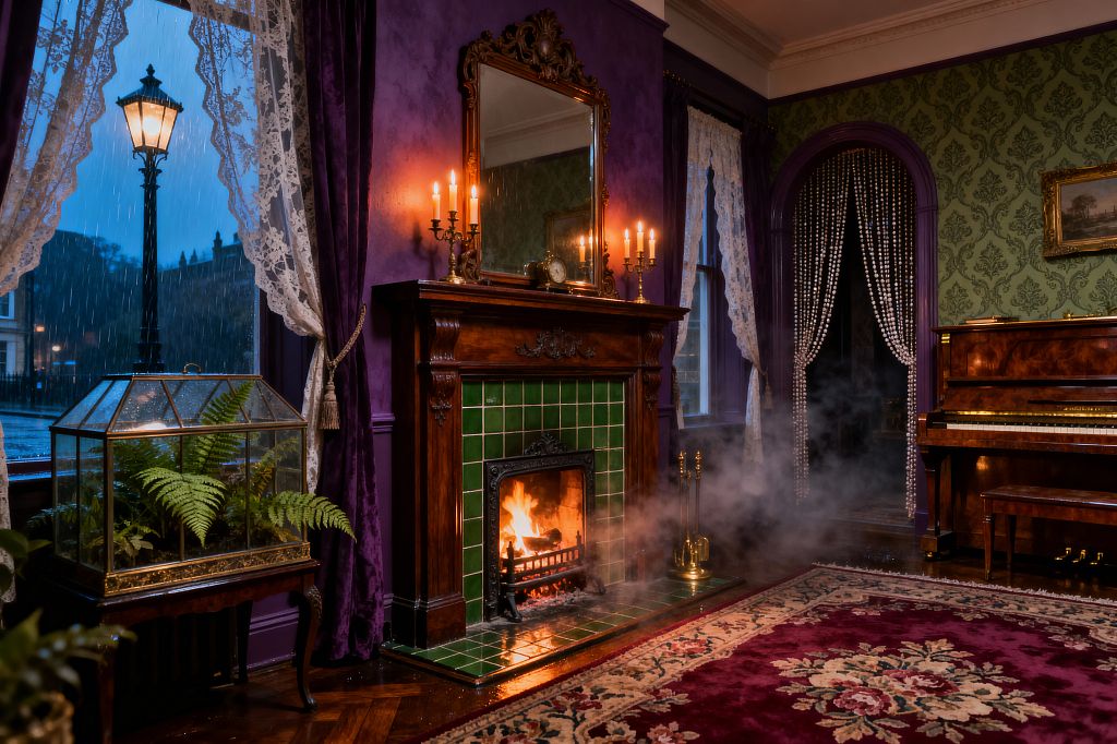 A richly decorated Victorian living room with deep purple walls features a carved mahogany fireplace surrounded by emerald green tiles and lit by brass candelabras and a roaring fire. Lace curtains and velvet drapes frame rain-splashed windows, an olive damask wall, a bead-draped archway, a polished mahogany upright piano, a burgundy floral rug, herringbone wood flooring, and a glass terrarium of ferns.