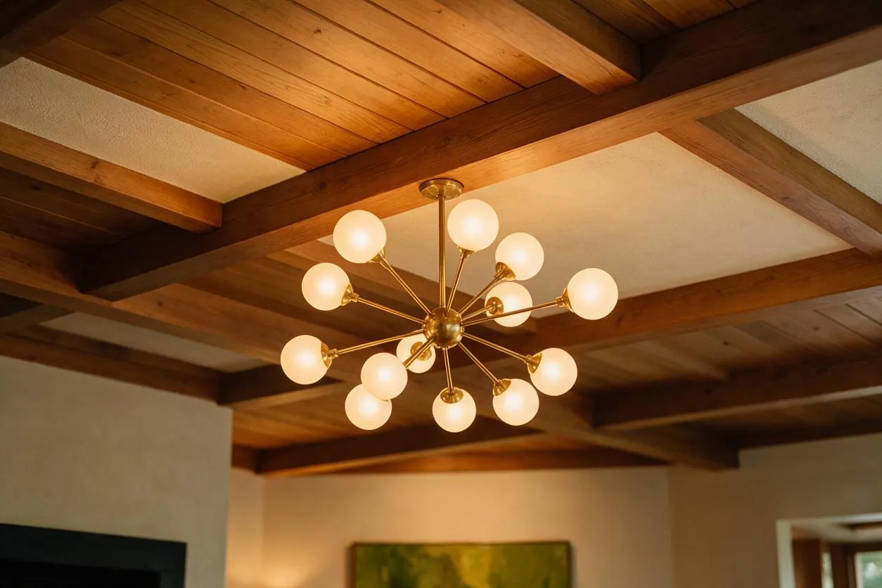 A mid-century modern room detail showing a brass sputnik chandelier with multiple frosted globe bulbs mounted under a ceiling of warm wood planks and exposed beams. The fixture hangs above light-colored walls, creating a sculptural focal point with warm ambient light.