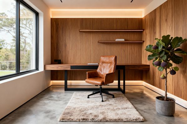 A contemporary home office with a full-height vertical-slat walnut wall features a built-in walnut desk on a black steel frame and two floating shelves. Warm LED strips glow along the ceiling and baseboards. A cognac leather swivel chair sits on a cream shag rug over a polished concrete floor. To the left, a large black-framed window faces greenery. A potted fig tree in a concrete planter stands at right, adding organic texture to the minimal space.