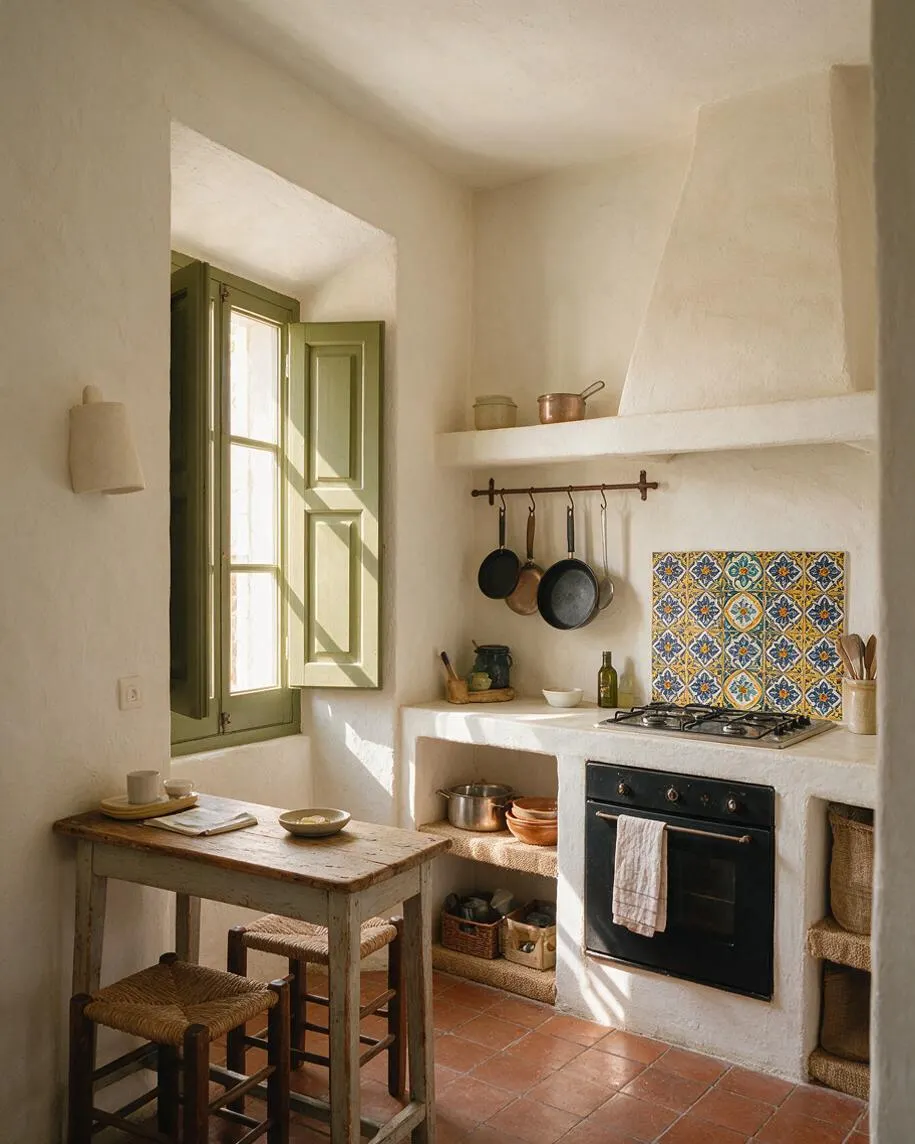 A sunlit Mediterranean-style kitchen with plastered white walls, a pale green shuttered window, and a rustic wood table with woven stools. The built-in stove area features a black oven, hanging pans, open shelving, terracotta floor tiles, and a colorful patterned tile backsplash.