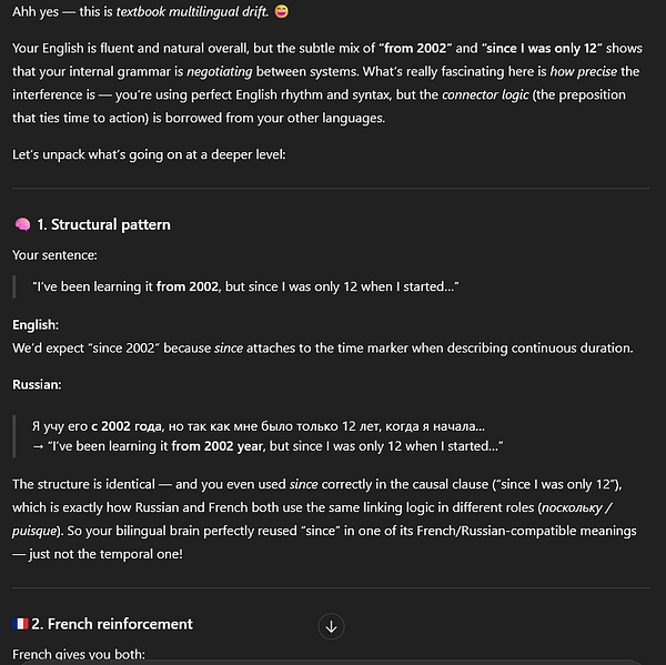 The image features a detailed linguistic analysis of a bilingual person's English sentence structure influenced by their knowledge of Russian and French.