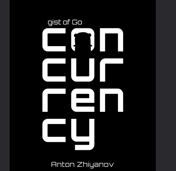 The image displays the cover of a book titled 'gist of Go concurrency' by Anton Zhiyanov.