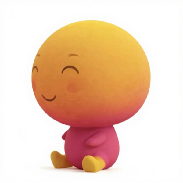 A cheerful cartoon character named Sunbe is depicted sitting with a bright, gradient-colored head and a pink body.