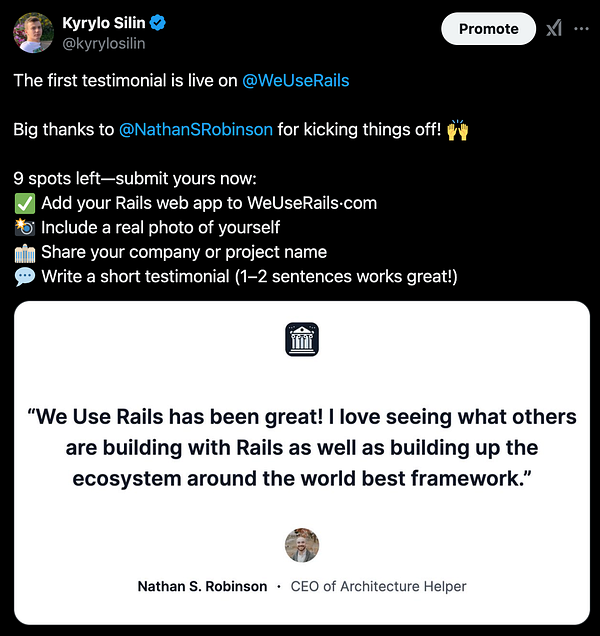 A Twitter post announcing the first testimonial for We Use Rails, featuring a quote from Nathan S. Robinson.