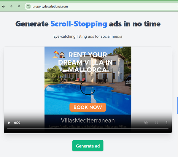 The image features an advertisement for renting a villa in Mallorca, displayed on a website interface.