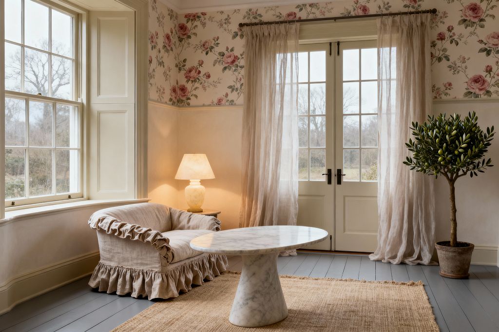An airy living room with vintage rose wallpaper and cream paneling features French doors draped with sheer linen curtains. A ruffled linen loveseat sits beside a glowing alabaster table lamp, facing an oval white marble pedestal coffee table. A natural jute rug softens soft gray painted floorboards, and a potted olive tree in a terracotta pot adds greenery. Large paned windows and doors fill the space with gentle natural light.