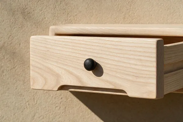 A close-up of a minimalist light ash wood drawer mounted against a textured beige wall. The drawer front has a smooth rectangular shape with rounded edges, a small black round knob, and a recessed pull detail below, all lit by warm natural sunlight.