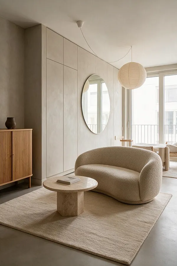 A modern studio apartment seating area with a rounded beige bouclé sofa, a small travertine coffee table, and a large cream rug. Behind it, a tall built-in wall of pale cabinetry features a round mirror, while a slatted wood cabinet, paper pendant light, and bright balcony doors complete the calm neutral space.