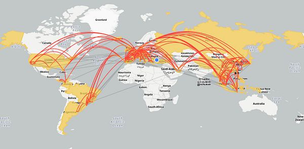 A world map highlighting Turkey and illustrating the goal of visiting 48 countries and 25% of the world population.