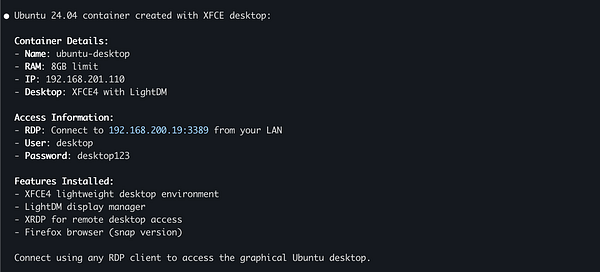 The image displays configuration details for an Ubuntu 24.04 container with XFCE desktop.