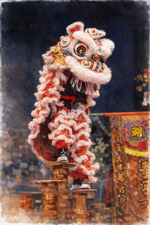 Illustration of a person in traditional Chinese attire standing next to a large orange with ChatGPT logo, symbolizing Lunar New Year celebration.