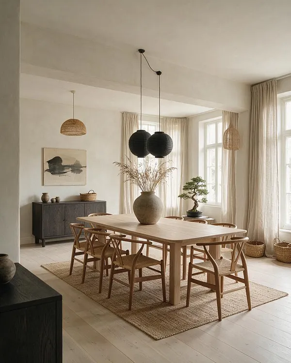 A serene Japandi dining room with a light wood rectangular table, curved wooden chairs, and a neutral woven rug. Black paper lantern pendants hang above the table, while soft beige curtains, pale walls, and natural woven accents create a calm, airy atmosphere.