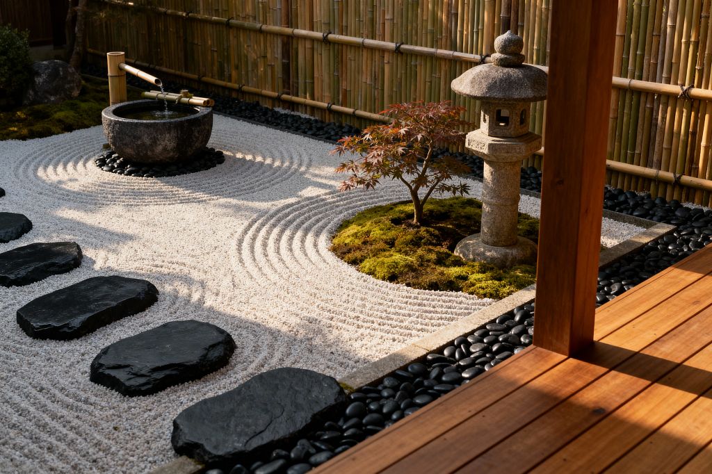 A small Japanese Zen patio features raked white gravel forming concentric circles around a moss island with a young red-leaf Japanese maple. A granite stone lantern and a carved stone water basin fed by a bamboo spout sit beside flat black stepping stones, all bordered by smooth black river pebbles and a bamboo fence, with a warm cedar deck catching late-afternoon light.