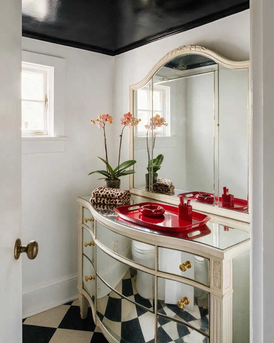 A compact powder room with a curved mirrored vanity in cream and brass, topped with glass and a bright red tray. An ornate matching mirror reflects a window, while a black ceiling and black-and-cream checkerboard floor add drama. Pink orchids and leopard-print towels reinforce the glamorous Hollywood Regency style.