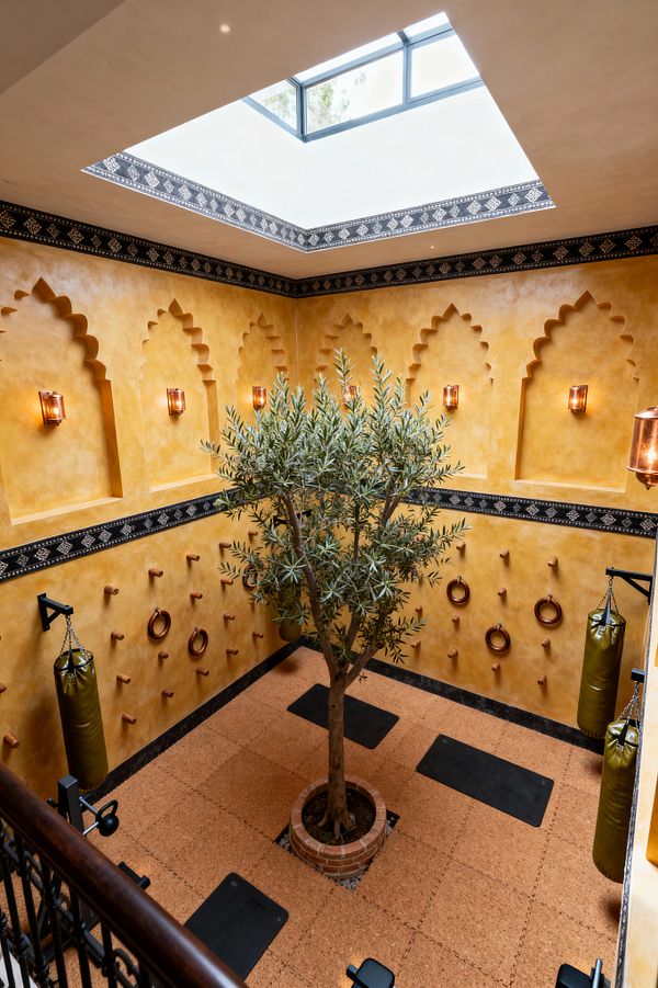 A home gym illuminated by a large steel-framed skylight features ochre plaster walls with scalloped Moroccan arch niches and a black patterned frieze. Cork tile flooring surrounds a central olive tree in a round terracotta brick planter, with black exercise mats below. Pegboard-style walls hold wooden pegs and rings, olive green punching bags hang from black steel brackets, and copper-and-glass sconces provide warm ambient light; a wrought-iron railing borders the upper level.
