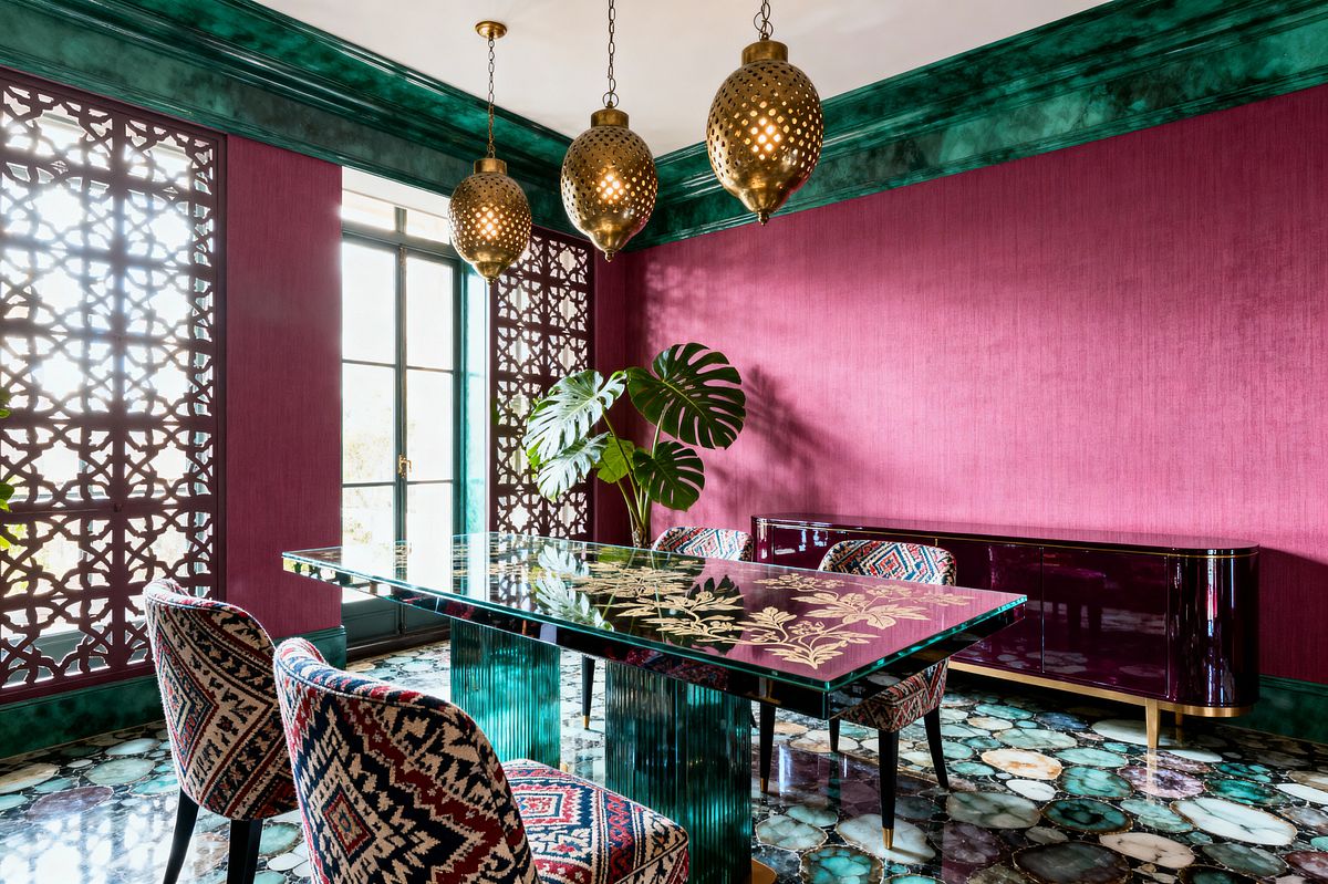 Room AI – Jewel-Toned Maximalist Dining Room with Brass - Interior