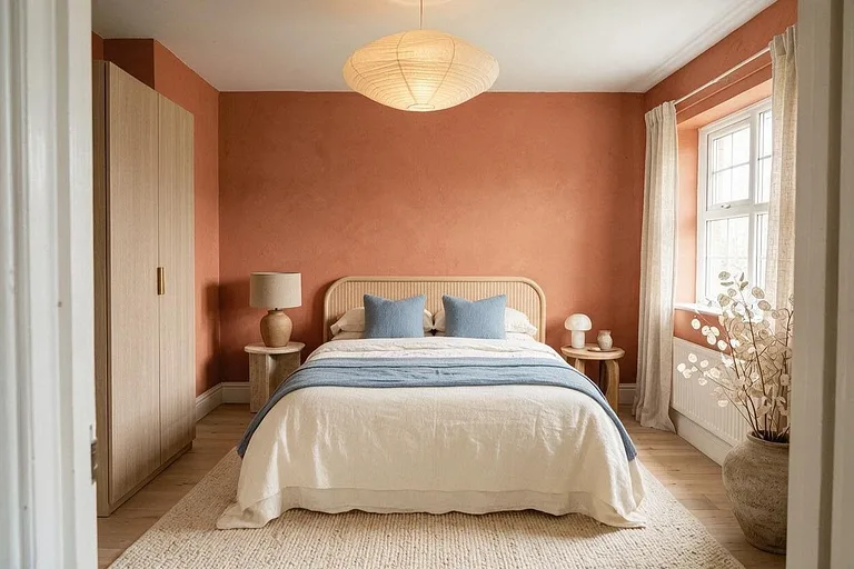 An Organic Modern bedroom in the Terracotta Walls palette: terracotta, cream, dusty blue, pale oak, and oatmeal