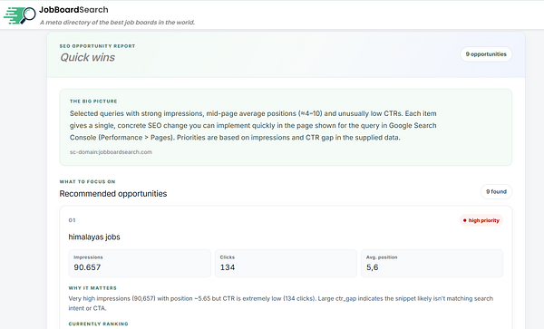 SEO opportunity report from JobBoardSearch highlighting quick wins for optimizing search queries with low CTRs and providing recommended opportunities with data analytics.