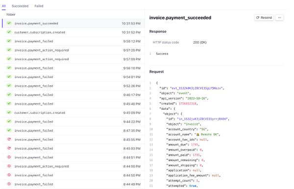 The image displays a log of Stripe webhook events related to payment processing.