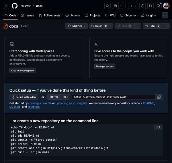 The image displays a GitHub repository interface for the 'railsfast/docs' project.