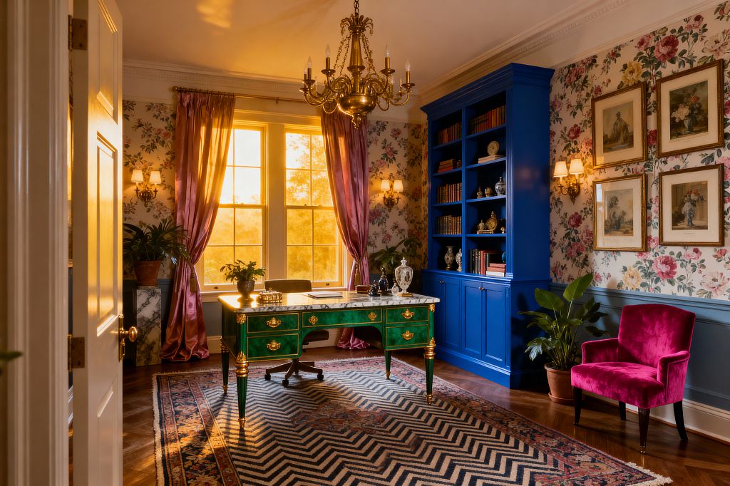 Warm sunset light fills a home office with floral wallpaper, a cobalt blue built-in bookcase, and gilt-framed art. An emerald green lacquered desk with a white marble top and brass hardware sits on layered rugs—black-and-ivory chevron over a Persian border—on herringbone wood floors; above hangs a brass chandelier, while pink silk curtains and a fuchsia velvet chair add rich color, alongside potted plants and brass sconces flanking the windows.